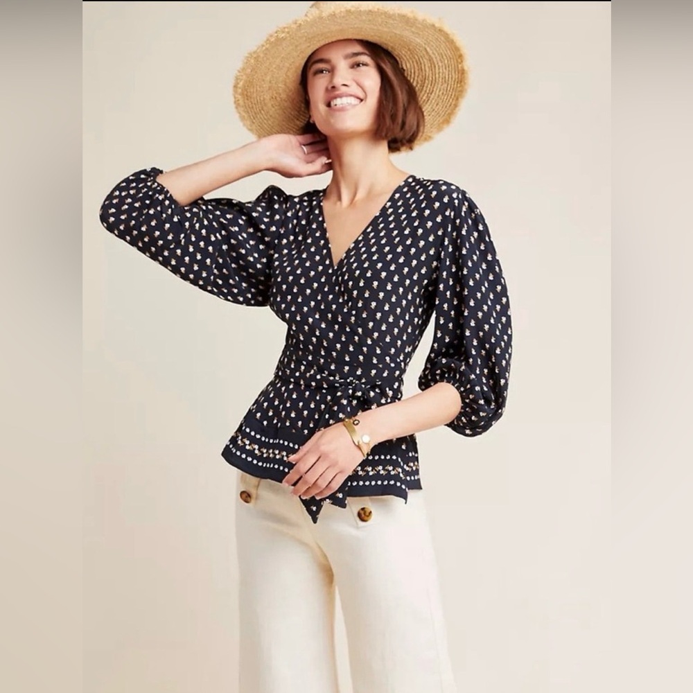 Faithfull The Brand X Anthropologie Yvette Black Floral Wrap Blouse